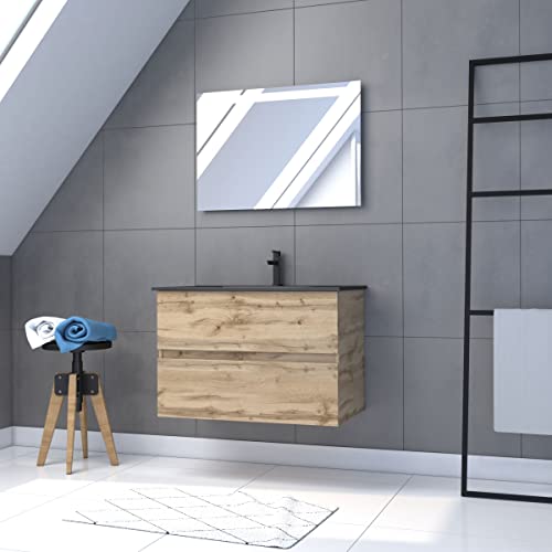 Badezimmerschrank mit Schublade/Waschbecken/Spiegel, LED, 80 cm × 54 cm, Eiche natur