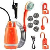 Eyourlife Campingdusche mit Pumpe, Camping Dusche Set mit Wiederaufladbarer Jetkopf,2m Duscheschlauch für Garten Reisen Autowäsche, Mobile Dusche Orange, 4000