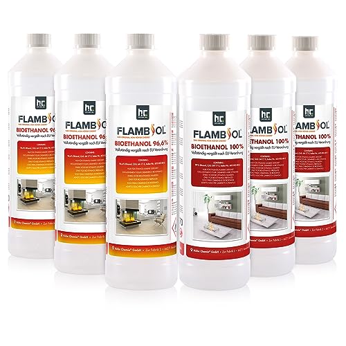 Höfer Chemie 6 x 1 L FLAMBIOL® Bioethanol Probierset für Ethanol Kamin, Ethanol Feuerstelle, Ethanol Tischfeuer und Bioethanol Kamin