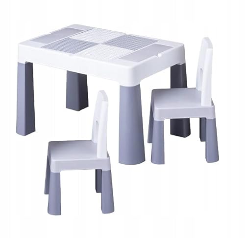 COIL Kinderzimmermöbel-Set, Tisch und Zwei Stühle, Set für 1+2 Kinder, Spielset, Tisch mit Bauklötzen, unter der Tischplatte Behälter für Küchenutensilien, stabil und sicher für Kinder (grau)