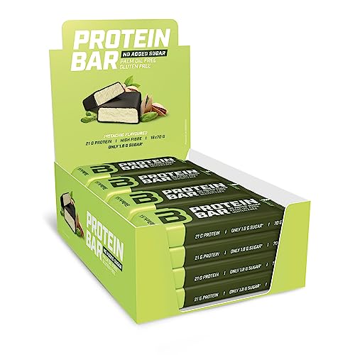 BioTechUSA Protein Bar, ballaststoffreicher Riegel mit 21 g Protein und niedrigem Zuckergehalt, gluten-und palmölfrei, 16 * 70g, Pistazie