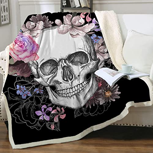 Kuscheldecken Gothic Rose Skelett Totenkopf Sherpa Wohndecken 150x200 cm Dicke Decke Winter warm Sofadecken Vlies Decke Skull Motiv Flanell Bettdecke Schlafdecke für Erwachsene Kinder