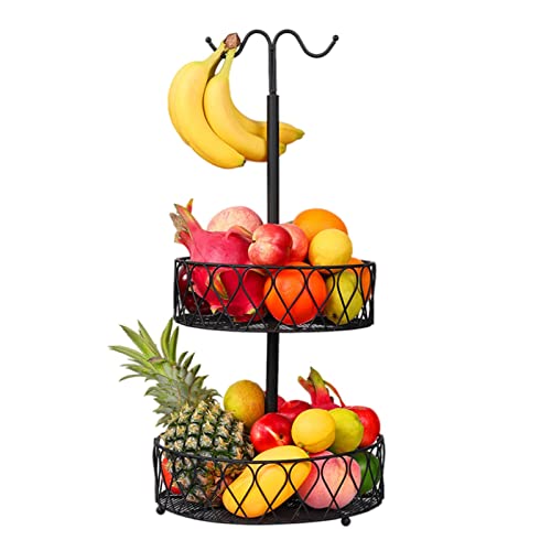 2 Stöckig Obstkorb Mit Bananenhalter, Obstschale Gemüsekorb Aus Metall, Zeitgemäße Obstschale Gemüsekorb Stehend Täglicher Küche Lagerung Früchtekorb (Schwarz)