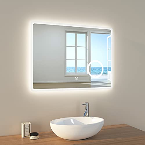 EMKE Badezimmerspiegel 80x60cm LED Badspiegel mit Beleuchtung kaltweiß Lichtspiegel Wandspiegel mit Touchschalter, Beschlagfrei, Kosmetikspiegel