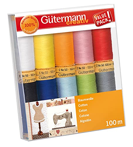 Gütermann creativ Nähfaden-Set mit 10 Spulen Baumwolle 100 m in verschiedenen Farben, Mehrfabig, 100x118x22 mm