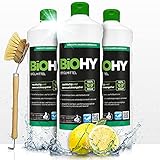 BIOHY Sanitärreiniger (3x1l Flasche) + Dosierer | Kalkzersetzendes Konzentrat für den Sanitärbereich | Badreiniger mit angenehme & frischen Duft | EXTRA STARK