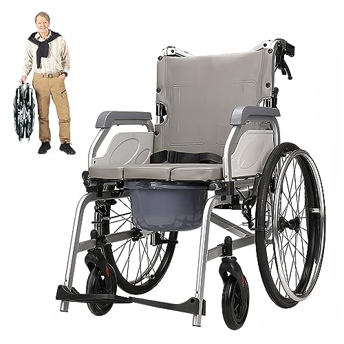 GHBXJX Duschrollstuhl, Aluminium Rollstuhl Leicht Faltbar Aktivrollstuhl mit Bettpfanne, Rollstühle mit Selbstantrieb, Pflegerollstuhl für Erwachsene, Sitzbreite 45 cm, 15 kg