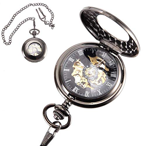 Vintage-Taschenuhr, Coole Kette, hohl, mechanisches Zifferblatt, Schwarze Uhren, transparente Abdeckung, schmücken Geschenk für Vater, Taschenuhr