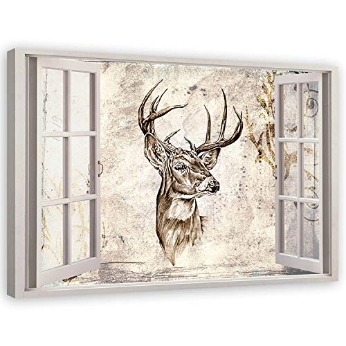Leinwandbild XXL Fenster 3D Illusion Wandbild Kunst Hirsch Beige 120x80 cm