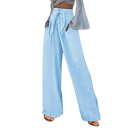 Brong Damen Leinenhose Elastische Hohe Taille Bequeme Strandhose mit Taschen, B-light blue, S