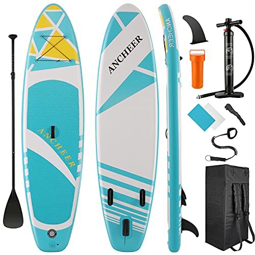 ANCHEER Aufblasbares Stand-Up-Paddle-Board mit Premium-SUP-Zubehör und Tragetasche, verstellbarem Paddel, Spiralleine, Handpumpe (Helles Seeblau)