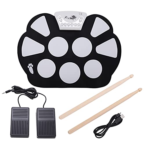 Tragbares 9 Pads E-Drum-Set, E-Drumsets Schlagzeug-Übungs-Pad für Anfänger und Kinder, USB-Schnittstelle, Drumstick, Fußpedale, Bestes Geschenk für Weihnachtsfeiertagsgeburtstag