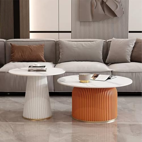 GMBAYUE Runder Couchtisch 2er Set, Marmor Couchtisch, Moderner Beistelltisch für Wohnzimmer, Schlafzimmer, Balkon, Hof (Color : White+orange)