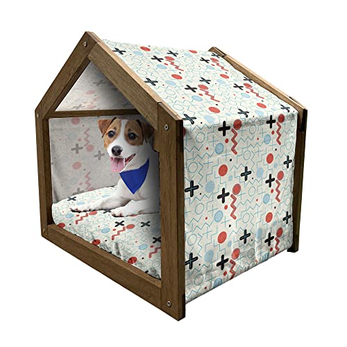 ABAKUHAUS Geometrisch Hundehütte aus Holz, Kreis Zickzack-Wellen, tragbare Hundehütte für drinnen und draußen mit Kissen und Abdeckung, 55 cm x 75 cm, Creme Baby Blue Red