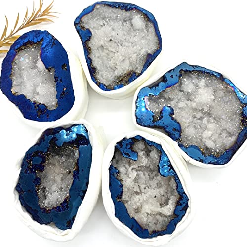AMAZWI -Heimdekoration, 1 Stück Blauer Titan-Aura-Achat-Quarz-Cluster-Kristallgeoden-Mineralien-Exemplar-dekorative Steine, heilendes Erz-Geschenke, natürlicher Kristall ZUOSHUAAYIN