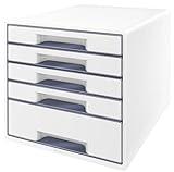 Leitz CUBE Schubladenbox mit 4 Schubladen, Weiß/Grau, A4, Inkl. transparentem Schubladeneinsatz, WOW, 52142001