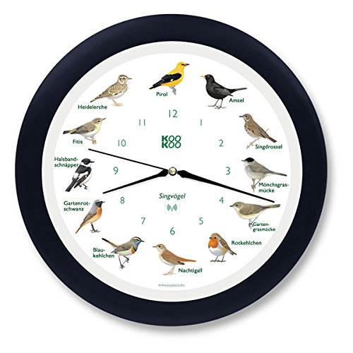 KOOKOO Singvögel Schwarz-Blau, Die Singende Vogeluhr, mit 12 heimischen Singvögeln und echten, natürlichen Vogelstimmen, mit RC Funkquarzwerk