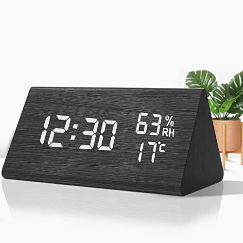 VORRINC Wecker Digitaler Wecker Uhr Holz, Holzoptik Wecker Tischuhr mit Sprachsteuerung/Datum/Innentemperatur und Luftfeuchtigkeit, 3 einstellbare Alarmgruppe, für Zuhause, Kinder, und Büro (Schwarz)