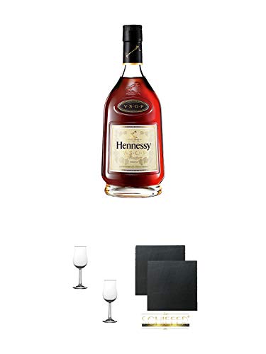 Hennessy VSOP Cognac Frankreich 0,7 Liter + Nosing Gläser Kelchglas Bugatti mit Eichstrich 2cl und 4cl - 2 Stück + Schiefer Glasuntersetzer eckig ca. 9,5 cm Ø 2 Stück