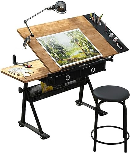 MaGiLL Höhenverstellbarer Zeichentisch, Bambus-Tisch-Kunstarbeitsstation, 8-Gang-Winkelverstellung, mit Stauraum und Schubladen