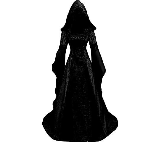 Riou Kleider Damen Lang Cocktailkleid 50er Retro Gothic Steampunk Hooded Hexenkostüm Cosplay Kostüm Für Fasching Karneval Halloween Weihnachten (XL, schwarz)