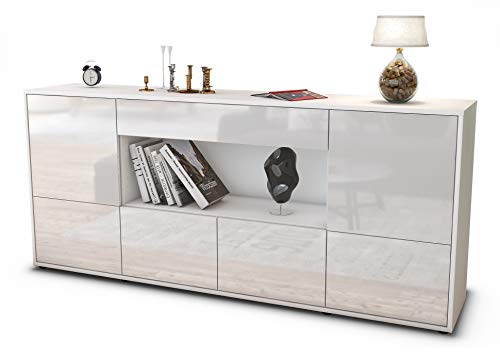 Stil.Zeit Sideboard ELSA - Korpus Weiss matt - Front Hochglanz Weiß (180x79x35cm) Push-to-Open Technik & Leichtlaufschienen