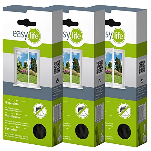 easy life® Fliegengitter für Fenster 3,00 x 1,50 m anthrazit durchsichtig - perfekter Schutz vor Insekten (3er Set)