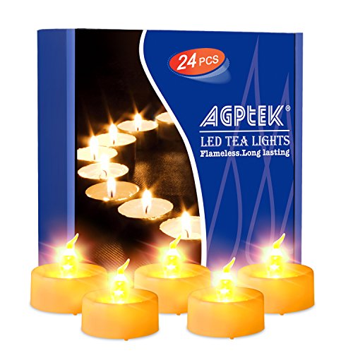 AGPTEK Timer-Funktion, 24 Stück flammenlose LED Kerzen, inkl CR2032 und Batterie austauschbar, Warm Gelb, 24er Pack Flackernd Warmweiß
