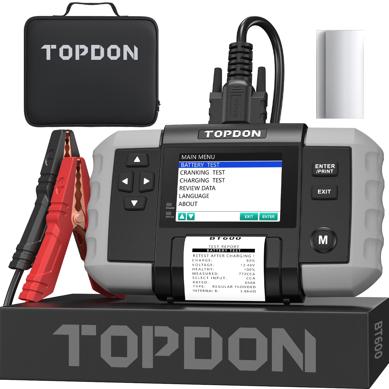 TOPDON BT600 Batterietester KFZ 12V 24V, 100-2000 CCA Autobatterie tester mit Drucker, 3,5 Zoll Farbbildschirm, 5,9 Fuß Kabel, Mini-USB für Software-Update, Verfügbar für Heimwerker und Profis