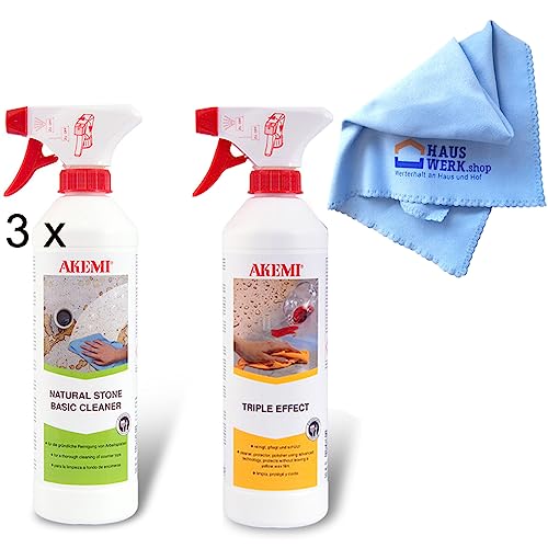Akemi Natural Stone Basic Cleaner 3 x 500 ml/Triple Effect Spray 500ml + Microfasertuch