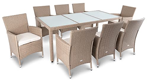 di volio Polyrattan Sitzgruppe Verona - Lounge Gartenmöbel-Set für Garten oder Terrasse, Tisch mit Glasplatte + 8 Stühle - Lounge-Set in Rattan-Optik beige