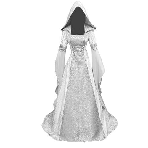 Riou Kleider Damen Lang Cocktailkleid 50er Retro Gothic Steampunk Hooded Hexenkostüm Cosplay Kostüm Für Fasching Karneval Halloween Weihnachten (5XL, weiß)