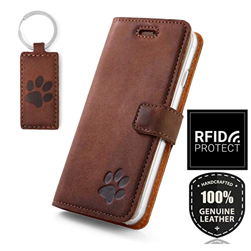 SURAZO RFID - Pfote - Hülle Premium Vintage Ledertasche Schutzhülle Wallet Case aus Echtesleder Nubukleder Farbe Nussbraun für Huawei Mate 20 Pro