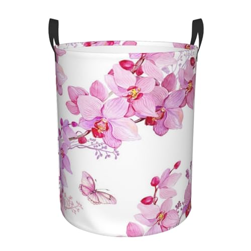 63 l runder Wäschekorb mit rosa Blumen und Schmetterlings-Aufdruck, Wäschesammler, zusammenklappbar, Aufbewahrungskorb für Kleidung im Wohnheim und Familie