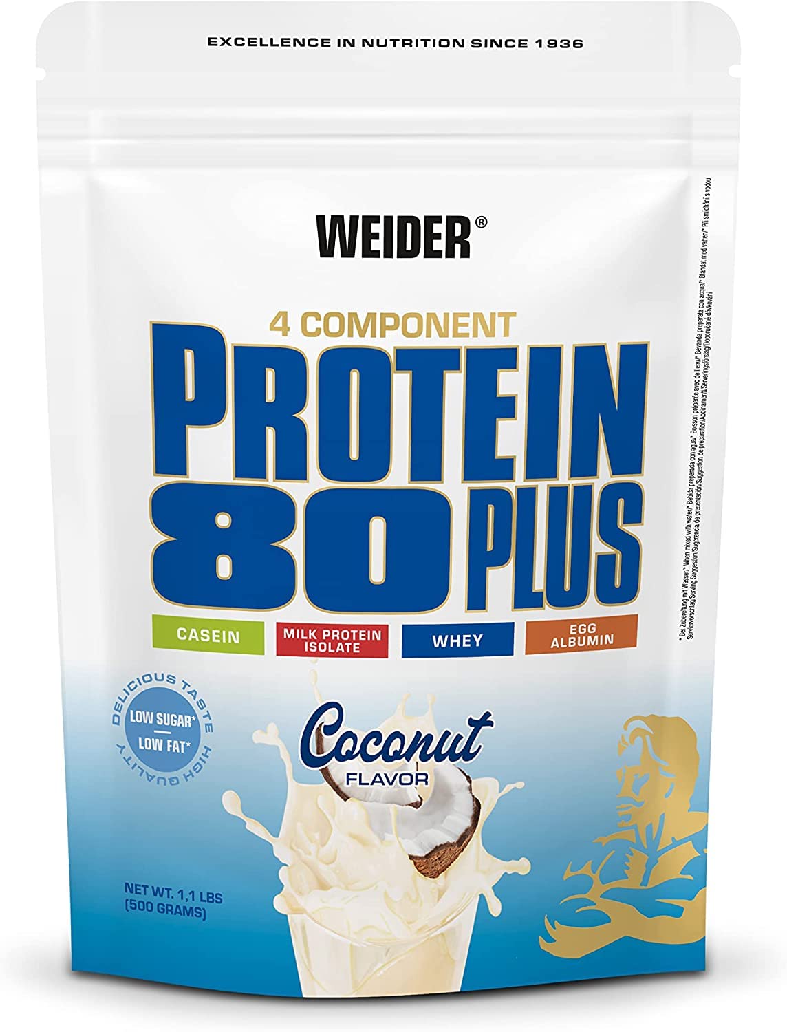 WEIDER Protein 80 Plus Mehrkomponenten Protein Pulver, Eiweißpulver für cremige, unverschämt leckere Eiweiß Shakes, Kombination aus Whey, Casein, Milchprotein-Isolat & Ei-Protein, Kokos, 500g