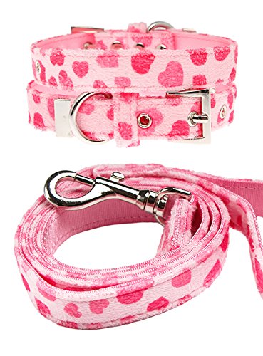 UrbanPup-Hundehalsband + Hundeleine aus Stoff - Motiv: rosa Herzen; 1 Set