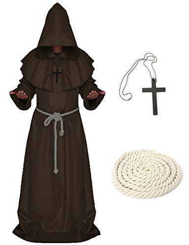 Xinlong Halloween Mönch Robe Priester Kostüm Herren Cosplay Mönchskostüm Mittelalter Renaissance Hooded Mönch Kostüm