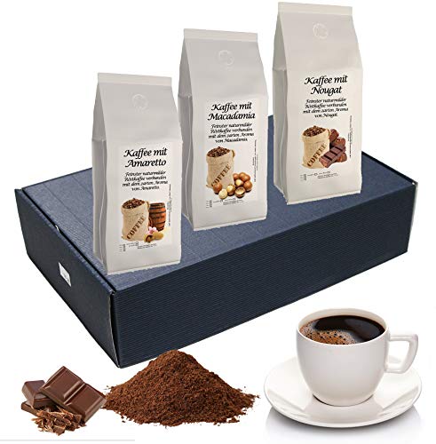 Geschenk Set Aromatisierter Kaffee Ganze Bohne 3 x 200 g (Amaretto, Macadamia und Nougat)