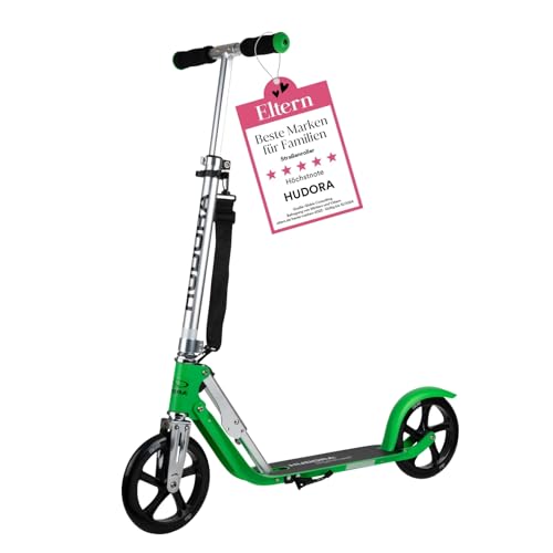 HUDORA Kinde, Jugend & Erwachsene BigWheel 2020, Faltbarer Alu Big Wheel Scooter Roller 205 | Höhenjustierbar | Reflektoren | Umhängegurt, Grass grün