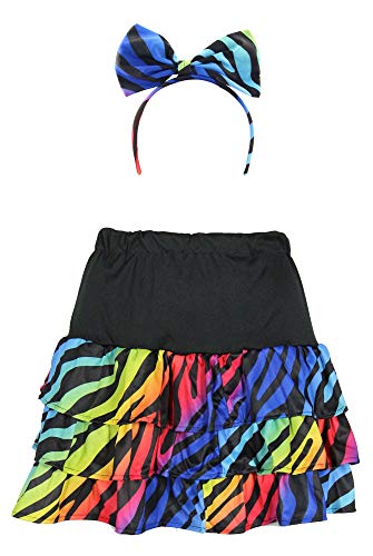 Foxxeo bunter 80er Jahre neon Rock und Haarschmuck für Damen Kostüm - Größe S-XXL - Fasching Karneval 80s, Größe:M
