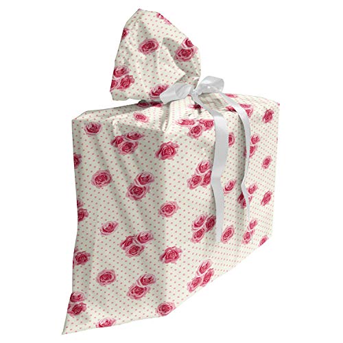 ABAKUHAUS Retro Baby Shower Geschänksverpackung aus Stoff, Rosen-Blüten auf Tupfen, 3x Bändern Wiederbenutzbar, 70 x 80 cm, Creme Pale Pink