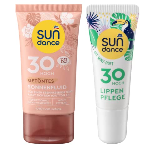 SUNDANCE 2er-Set Sonnenschutz: SONNENFLUID getönt LSF 30 passt sich dem Hautton an für einen ebenmäßigen Teint (50 ml) + Lippenpflege MINZE LSF 30 (10 ml), 60 ml