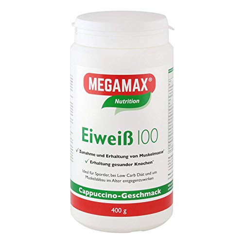Megamax Eiweiss Cappuccino 400 g | Molkenprotein + Milcheiweiß Für Muskelaufbau ,Diaet | 2k-Eiweiss ideal zum Backen | hochwertiges Low Carb Eiweiß-Shake | aspartamfrei Protein-pulver mit Aminosäure