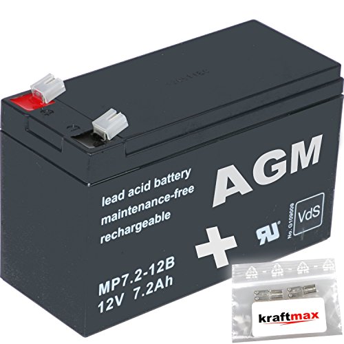 kraftmax 1x AGM 12V / 7,2Ah Blei-Akku - MP7,2-12B [ Faston 6,3 ] VDs geprüft - inkl. 2X Original Anschluß-Adapter