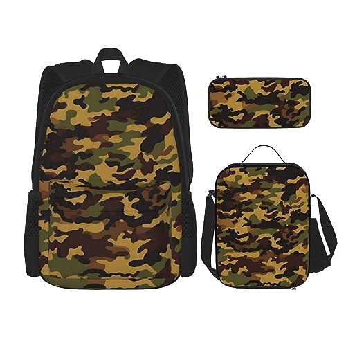 DOFFO Rucksack-Set mit Camouflage-Muster, Reise-Laptop-Rucksack für Damen und Herren, lässige Büchertasche mit Lunch-Tasche, Bleistifttasche, 3-teilig, Schwarz, Einheitsgröße, Schwarz , Einheitsgröße