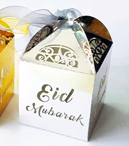 50 Stück lasergeschnittene Geschenkbox Ramadan Dekoration Pralinenschachtel für Party-Event Partygeschenke Dekorationen-Reflektierendes Silber, 50 Stück, 5 x 5 x 8 cm