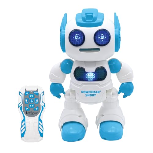 Lexibook, Powerman® Shoot - Mein erster Wurfscheibenroboter, Programmierbarer Ferngesteuerter Roboter, Spielt Musik und Tanzt, Sound- und Lichteffekte, 12 Schaumstoffscheiben, ROB17