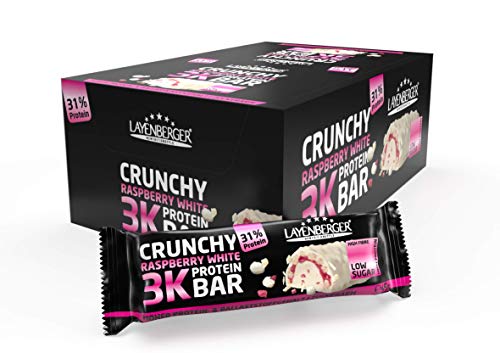 Layenberger 3K Protein Bar Crunchy Raspberry White, Protein Riegel mit viel Eiweiß und wenig Kohlenhydraten, nur 1,6 g Zucker, (15 x 45g)