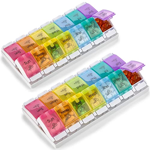 7 Day Pill Organizers - (Pack of 2) Easy Push Button Assisted Open, AM PM Daily Travel Pill Box Case Planner and Large Compartments for Medication Vitamins Fish Oil & Supplements, BPA Free