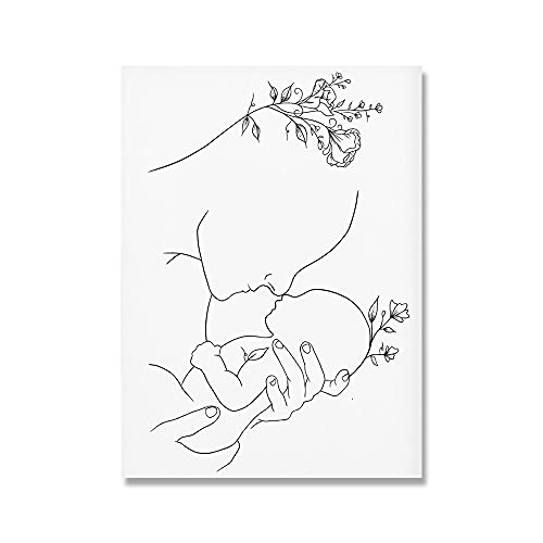 Mutter und Baby Kind Kunstlinie Zeichnung Wandkunst Leinwand Malerei Poster Drucke Abstrakte minimalistische Kindergarten Wohnkultur (Color : C, Size : 50x70 cm No Frame)